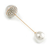 Crystal Acorn with Pearl Bead Lapel, Hat, Suit, Tuxedo, Collar, Scarf, Coat Stick Brooch Pin In Gold Tone Metal - 75mm L