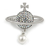 Small Silver Tone AB Crystals 'Royal Power' with Pearl Bead Brooch - 35mm Across