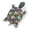 Vintage Inspired Pink/ Green Crystal Turtle Brooch/ Pendant in Aged Silver Tone Metal - 60mm Long