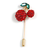 Gold Tone Red Crystal Green Enamel Cherry Lapel, Hat, Suit, Tuxedo, Collar, Scarf, Coat Stick Brooch Pin - 63mm Long