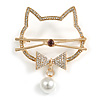 Clear Crystal Open Cat Head Brooch In Gold Tone Metal - 55mm Tall