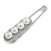 Large Clear Crystal White Faux Pearl Oval Safety Pin Brooch In Silver Tone - 70mm L