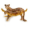 Brown Enamel Leopard Brooch In Gold Tone Metal - 55mm Across