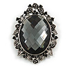 Vintage Inspired Oval Faceted Glass Cameo Brooch In Aged Silver Tone - 60mm Tall