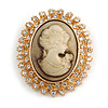 Vintage Inspired Clear Crystal Oval Beige Acrylic Cameo In Gold Tone Metal - 45mm L