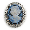 Vintage Inspired Clear Crystal Blue Cameo Brooch In Antique Silver Tone - 50mm L