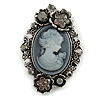 Vintage Inspired Grey/ Hematite Diamante Cameo Brooch in Aged Silver Tone  - 55mm Long