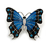 Large Black/ Blue Enamel, Crystal Butterfly Brooch In Rhodium Plating - 50mm Across