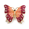 Large Plum Purple/ Pink Enamel, Crystal Butterfly Brooch In Gold Plating - 50mm Across