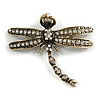 Vintage Clear Crystal Dragonfly With Simulated Pearl Brooch In Aged Gold Metal - 6cm Across