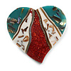 40mm L/Heart Shape Sea Shell Brooch/Teal/Red/White Shades/ Handmade/ Slight Variation In Colour/Natural Irregularities