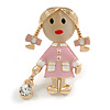 Funky Pink Enamel/ Acrylic Bead Doll Brooch with Crystal Purse In Gold Tone Metal/ 40mm L