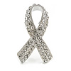 Clear Crystal Breast Cancer Awareness Ribbon Pin In Silver Tone/ 37mm Tall