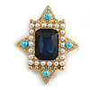 Vintage Inspired Blue Glass, White/ Light Blue Faux Pearl Dimond Shape Brooch/ Pendant in Gold Tone - 45mm Tall