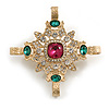 Vintage Inspired Multicoloured Crystal Cross Brooch in Gold Tone - 57mm Across