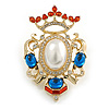 Vintage Inspired Blue Glass, Clear Crystal, White Faux Pearl Royal Style Brooch/ Pendant in Gold Tone - 55mm Tall