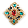 Vintage Inspired Red/ Green Glass Bead Blue Crystal Diamond Shape Brooch in Gold Tone - 55mm Tall