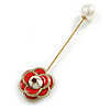 Vintage Inspired Red/White Enamel Rose Flower with Pearl Bead Lapel, Hat, Suit, Tuxedo, Collar, Scarf, Coat Stick Brooch Pin In Gold Tone Metal - 85mm