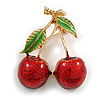 Red/ Green Enamel Double Cherry Brooch In Gold Tone - 45mm Tall
