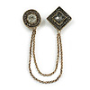 Vintage Inspired Geometric Grey Crystal Bead Chain Brooch In Aged Gold Tone Finish