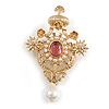 Statement Faux Pearl Beaded Royal Crown Brooch in Gold Tone Metal - 70mm Tall