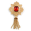 Vintage Inspired Red Glass Stone Tassel Square Royal Style Brooch in Matte Gold Tone - 70mm Drop
