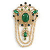 Vintage Inspired Green Glass, Crystal Bead Double Chain Charm Brooch In Gold Tone - 80mm Drop