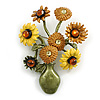 Yellow/ Brown Enamel Sunflower Bunch of Flowers Brooch - 60mm Tall