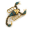Statement Teal/ Grey Crystal Scorpion Brooch/ Pendant in Aged Gold Tone Metal - 50mm Long