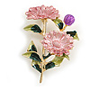 Pink/ Green Enamel Floral/ Daisy Flower Brooch in Gold Tone - 50mm Tall