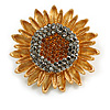 Grey/ Orange Crystal Sunflower Brooch/ Pendant in Gold Tone - 40mm Diameter
