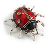 Red/ Black Enamel Citrine Crystal Ladybug/ Ladybird Brooch in Aged Silver Tone - 45mm Wide