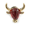 Small Red Resin with Clear CZ Bull Head Pin Brooch in Gold Tone - 20mm Across