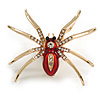Red Enamel Clear Crystal Spider Brooch/ Pendant In Gold Tone - 50mm Across