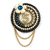 Handmade Crystal Pearl Beaded Fabric/Felt Brooch with Gold Tone Chains - 50mm Diameter