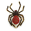 Vintage Inspired Red/ Purple Crystal Spider Brooch In Gold Tone Metal - 50mm Tall