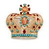 Multicoloured Crystal/ Acrylic Bead Crown Brooch/ Pendant in Gold Tone - 42mm Across