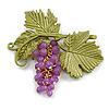Exquisite Purple Acrylic Beaded Grapes with Enamel Leaves Brooch in Gold Tone - 60mm Across