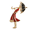 Red/Black Enamel Clear Crystal Lady with Umbrella Brooch In Gold Tone - 45mm Tall