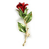 Romantic Red/Green Enamel Rose Brooch in Gold Tone - 55mm Tall