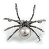 Faux Pearl Crystal Spider Brooch/Pendant in Gun Metal Finish (Grey/Black) - 50mm Across