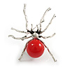 Statement Red Acrylic Spider Brooch in Silver Tone - 65mm Tall