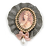 Handmade/Vintage Inspired Fabric Pearl Crysta Cameo Brooch/Clip in Pink/Black/White - 80mm Across