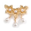 Gold Tone Textured White Faux Pearl Triple Flower Brooch - 60mm Across