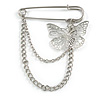 Polished Silver Tone Safety Pin Brooch With Double Chain and Butterfly Charm - 60mm Across