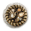Handmade/Vintage Inspired Round Crystal and Acrylic Multi Charm Fabric Brooch/Clip in Gold/Black/White - 60mm Diameter