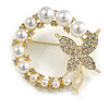 White Faux Pearl Bead Clear Crystal Wreath with Butterfly Motif Brooch In Gold Tone - 40mm Across
