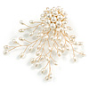 Large Asymmetrical Layered White Faux Pearl Floral Brooch In Gold Tone/90mm Across/Handmade