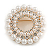 White Faux Pearl Clear Crystal Wreath Brooch In Gold Tone - 40mm Diameter