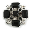 Victorian Style Black/Clear Glass Bead Cross Brooch/Pendant in Aged Silver Tone - 55mm Tall